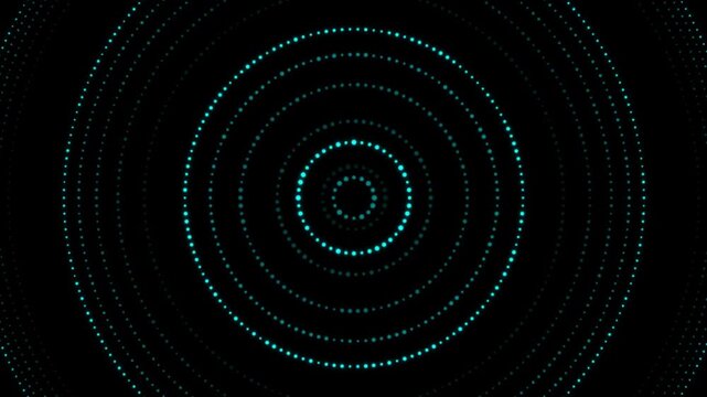 Pulsating Dotted Circles Animation. Abstract background with expanding and contracting concentric rings of glowing cyan dots. Futuristic motion graphics for audio visualization, technology