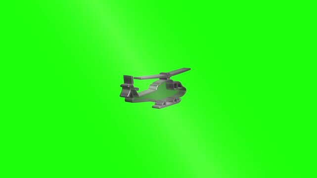 Military helicopter flying and rotating on green screen