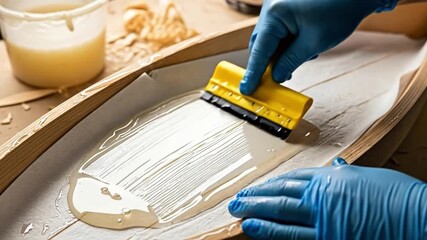 Crafting a Wooden Surfboard: Adult Hands Applying Epoxy Resin with Gloves - Powered by Adobe