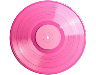A vibrant pink vinyl record isolated on a black background, showcasing grooves and label