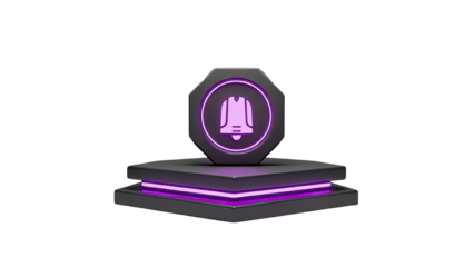 Notification bell icon on futuristic pedestal with purple glow on transparent background