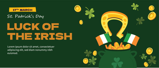 Happy St Patrick Day vector poster in frame with clover leaf corners on argyle background