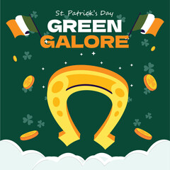 Saint Patricks Day holiday greetings banner on shamrock green background. Irish St Patrick holiday vector poster with lucky clover .