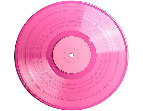 A vibrant pink vinyl record isolated on a black background, showcasing grooves and label