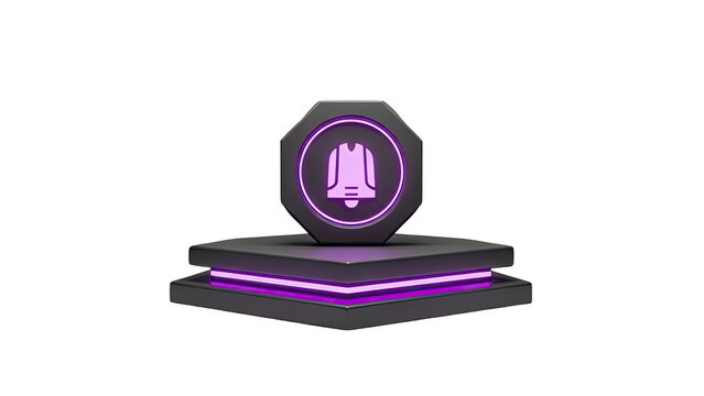 Notification bell icon on futuristic pedestal with purple glow on transparent background - Powered by Adobe