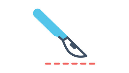 A simple illustration depicting a surgical scalpel positioned above a dotted red line
