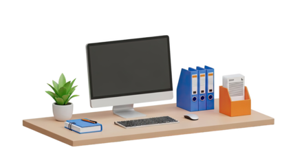 Office Desk Setup with Computer and Supplies on transparent background