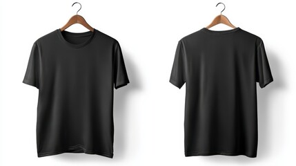 Front and back view of a plain black crew neck t-shirt hanging on a wooden hanger against a white backdrop
