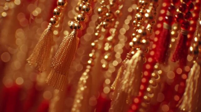 Close-up of hanging red and gold beaded tassels with bokeh effect