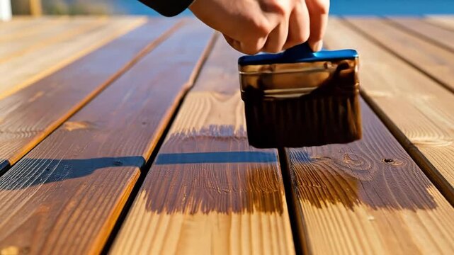 Hand Applying Wood Finish on Outdoor Deck Board for Home Improvement