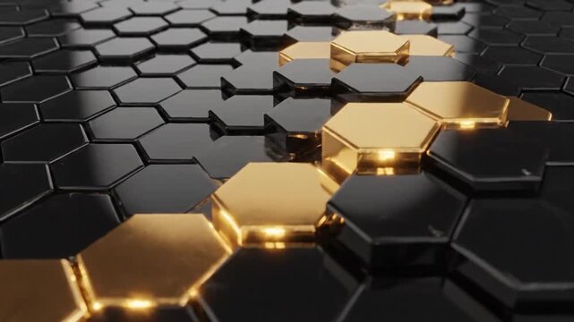 P236-Black and gold background with a pattern of hexagons. The hexagons are illuminated with a golden glo 4K 10s