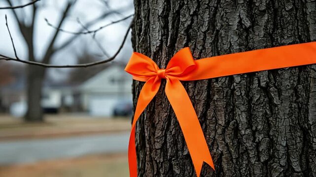 Hands Tying Orange Ribbon on Tree for Awareness Campaign or Decoration