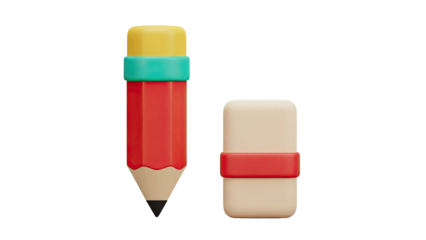 3D Render of a Cartoon Pencil and Eraser on transparent background