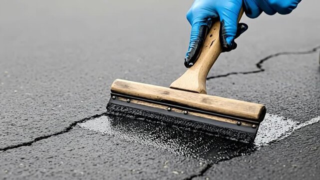 Crack Filling Process for Asphalt Repair with Roller and Protective Gloves
