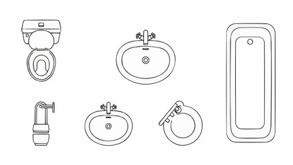 Bathroom Fixtures Line Drawing Collection.