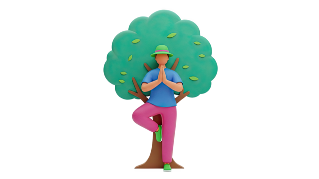 Person doing yoga tree pose in front of a green tree on transparent background - Powered by Adobe