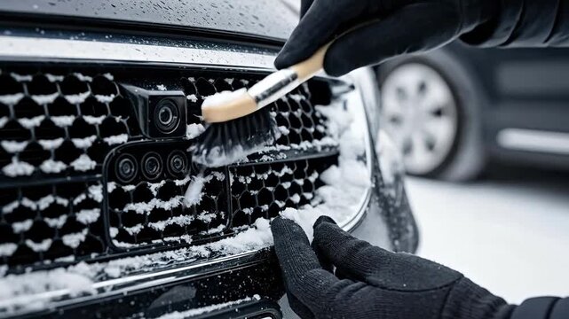 Cleaning Vehicle Sensors in Winter Snow with Gloves and Brush for Optimal Performance