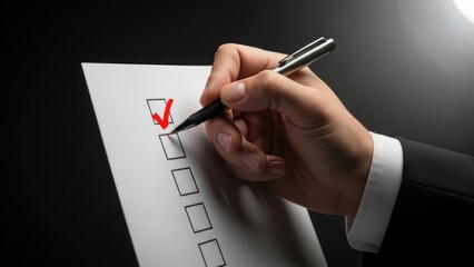 Hand marking a checkbox with a red checkmark on a list.