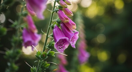 柔らかな自然光に包まれ鮮やかなピンク紫色のジギタリスが美しく咲き誇る優雅なボケ効果が背景を彩る. AI Generated