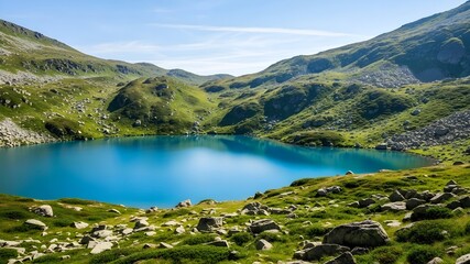 Mountain lake with vibrant blue water surrounded by lush greenery and rugged terrain.