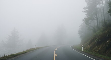 濃霧に包まれ柔らかな光が満ちる山道が森の中へ静かに続く幻想的な風景. AI Generated