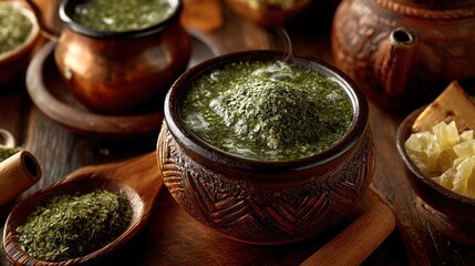 Traditional herbal infusion steams invitingly from an intricately carved ceramic vessel surrounded by dry leaves and sweet additions