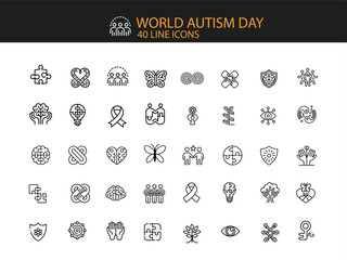 World Autism Day 40 Line Icons Collection Featuring Puzzle Pieces Brains Ribbons autism awareness