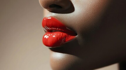 Close up of a black woman's full lips with vibrant glossy scarlet red lipstick, sensual and bold makeup look, soft studio lighting highlighting texture