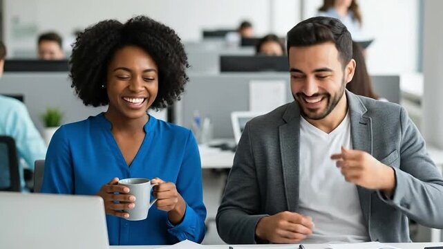Happy diverse colleagues, a Black woman and a Middle Eastern man, laughing out loud together in a modern office, enjoying a funny moment during their workday.