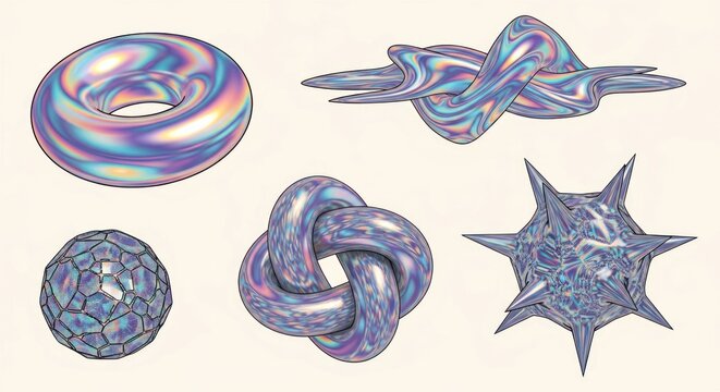 Abstract geometric shapes with holographic iridescent textures art - Powered by Adobe