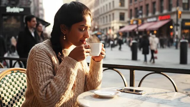 Woman enjoying coffee at a cafe in a bustling city environment, relaxing and observing.