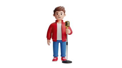 3D cartoon man holding a vintage microphone on a stand on transparent background