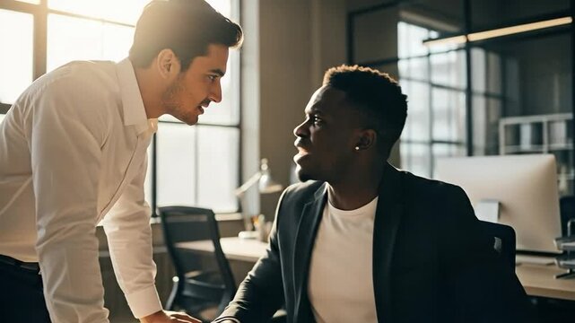 Two diverse male professionals engaged in a tense workplace argument, illustrating conflict, stress, and disagreement in a modern office environment.