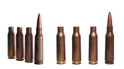 Two angles of a row of shells and a cartridge isolated on a white background.