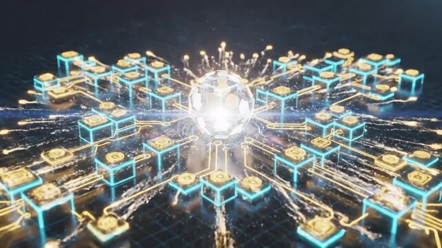 P221-Blockchain ai isometric concept. Cryptocurrency and blockchain connected cube blocks banner. Big dat 4K 10s