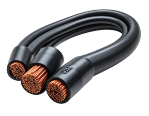 Three copper-wired cables with black casing, curved