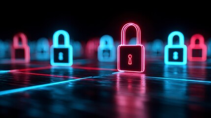 Neon-lit padlocks on a dark background, representing security and protection. A central padlock glows brighter, emphasizing importance