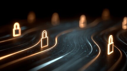 Illuminated padlocks floating on glowing curved lines, symbolizing data protection and security. The scene is dark with a focus on neon