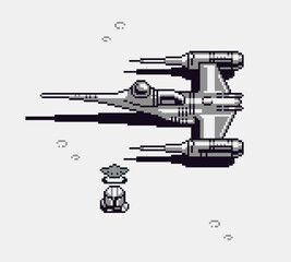 Retro pixel art scene with sci fi spaceship flying above small character, 8bit game illustration with space ship, hero figure, arcade games, RPG projects and indie game design.