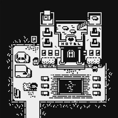 Monochrome pixel art hotel building with entrance, rooms and small characters. Retro 8bit game environment with top down view, RPG levels, adventure maps and strategy design.