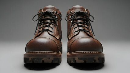 A pair of sturdy brown leather work boots with black laces, viewed from the front on a grey background.