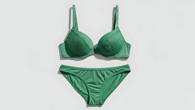 A vibrant green push-up bra and matching bikini-style panties set displayed neatly on a clean white surface.