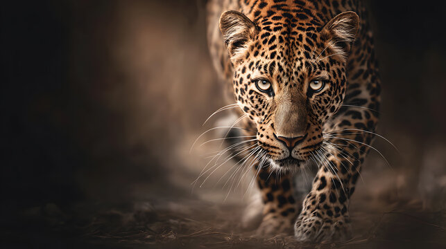 Ultra realistic photograph of a leopard walking through the savannah