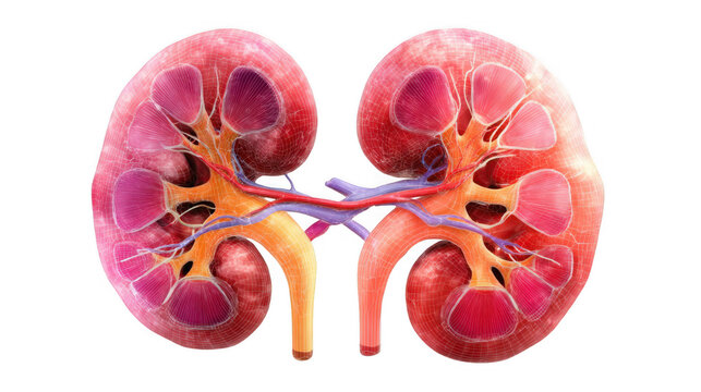 Colorful 3d illustration depicting adrenal glands producing hormones like epinephrine and norepinephrine, featuring arteries and veins on a transparent background