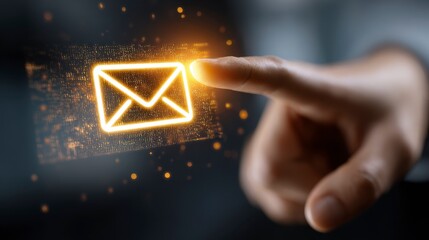 Close-up view of a person's finger touching a glowing, digital email envelope icon against a blurred background. A concept on email communication