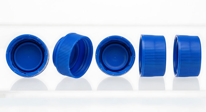 Five blue plastic bottle caps arranged in a row on a white background image