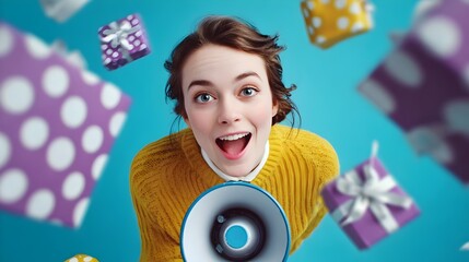 Cheerful woman holding a megaphone with floating gifts in an indoor promotional scene. Concept: Marketing promotion, advertising, sales campaign, excitement, consumer engagement, joyful branding.