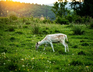 A fawn grazes in a grassy field at sunset