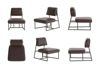 Fototapeta premium Set of six views of a chair with dark brown leather back and seat, black metal legs, isolated on a transparent background. Front, top, side, and perspective views. 3d render