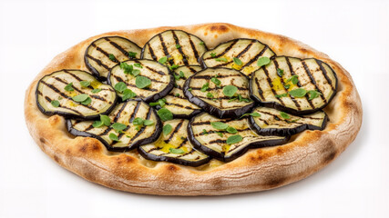 Grilled eggplant pizza topped with fresh herbs on wooden surface  